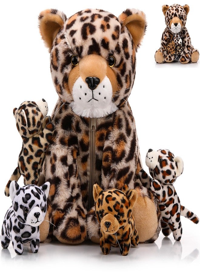 Silipull 5 Pcs Cheetah Stuffed Animals for Kids Large Mommy Cheetah Plush with 4 Baby Leopard Plush Toys in Tummy for Girls Boys Birthday Forest Party Decors(Sitting Style) - Image 1